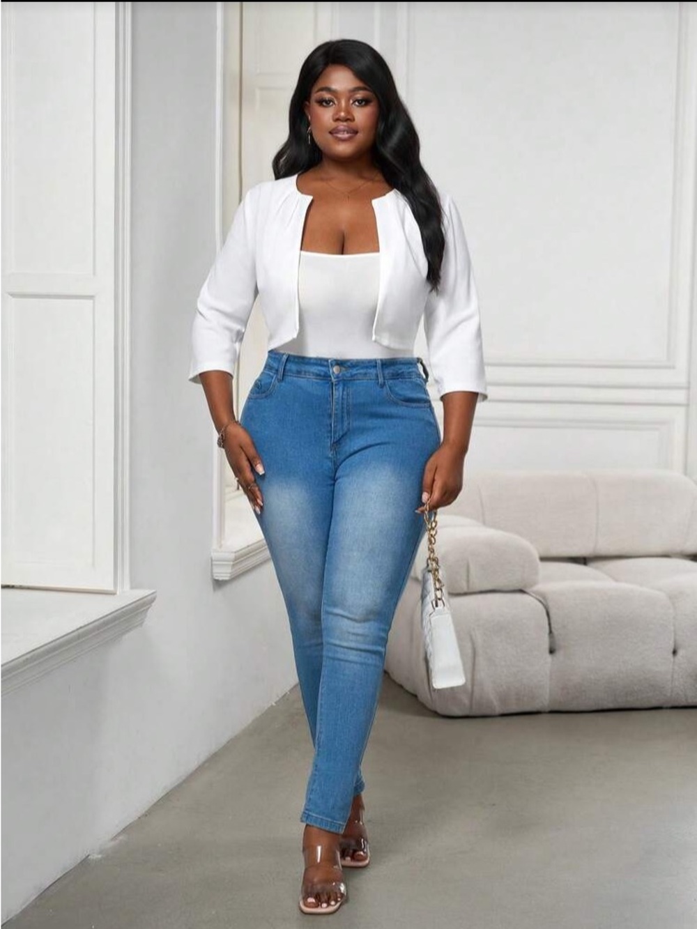White Cropped Open Front Stretch Bolero Jacket - Size 12/XL - GUC